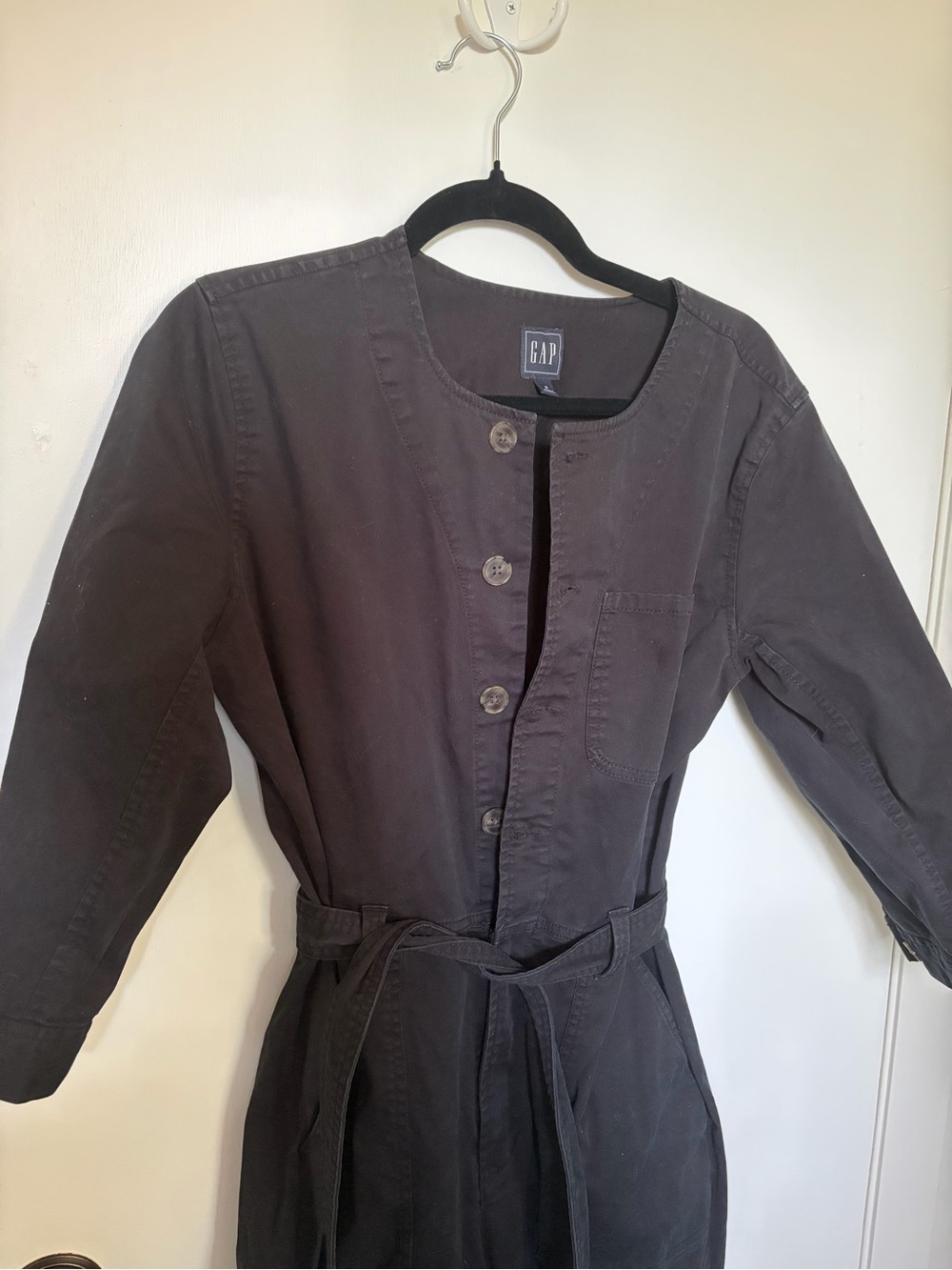 GAP Dark Charcoal Button-Front Belted Long Sleeve Jumpsuit
